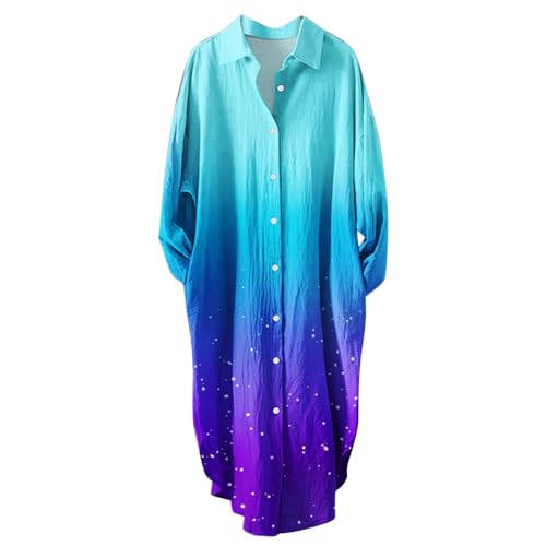 Uwdiohq Outlet Angebote Sale Hemdkleid Damen Lang Leinenkleider Lang Langarm Sommerkleid Damen Knielang Weiß Damen Shirtkleid Gradient Art Muster Strandkleid Meine Bestellung von Uwdiohq