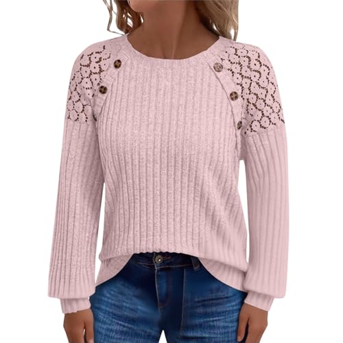 Uwdiohq Pullover Damen Langarmshirt Leichte Strickpullover Rundhals Spitze Casual Oberteil Herbst Lässig Elegant Loose Fit Pulli Sweatshirt Trendy Top(Rosa,XL) von Uwdiohq