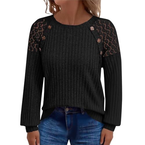 Uwdiohq Pullover Damen Langarmshirt Leichte Strickpullover Rundhals Spitze Casual Oberteil Herbst Lässig Elegant Loose Fit Pulli Sweatshirt Trendy Top(Schwarz,S) von Uwdiohq