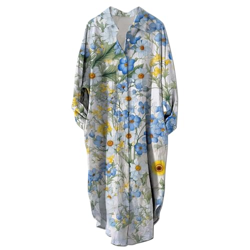 Uwdiohq Sale Angebote Tagesangebote Hemdkleid Damen Sommer Leinenkleid Damen Sommer Langarm Sommerkleid Damen Knielang Elegant Damen Shirtkleider Gradient Art Muster Strandkleid Restposten von Uwdiohq