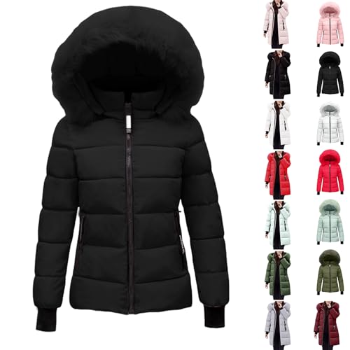 Uwdiohq Winterjacke Damen Warmer Steppmantel lang mit Kapuze und abnehmbarem Kunstfell-Kragen Daunenjacke Puffer Jacke Steppjacke Gepolsterte Daunenmante Langärmelige Steppmantel(Schwarz,M) von Uwdiohq
