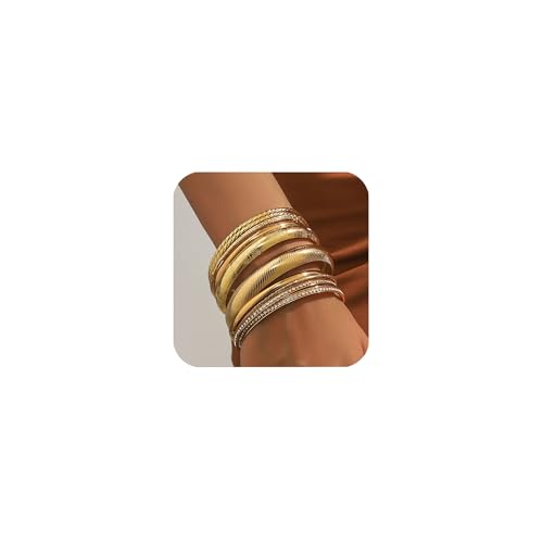 Uwiyo 10-12 Stück Gold Armreif für Damen, Stapelbare Gold Armband Böhmen Manschette Armreif Indischer Armbänder Schmuck für Frauen Mädchen (Golde Set 5-11 Stück) von Uwiyo