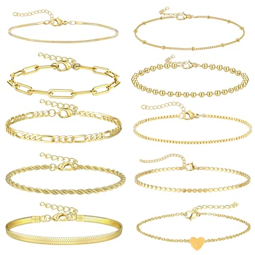Uwiyo 10 Stück Armband Gold für Damen Armband Verstellbar Damen Schlangenkette Twist Figaro Ketten Armbänder Boho Gold Modeschmuck Armbänder Set für Frauen Mädchen (Golden Set 2) von Uwiyo