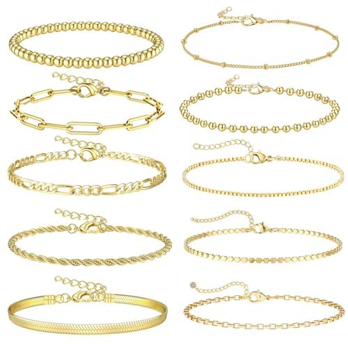 Uwiyo 10 Stück Armband Gold für Damen Armband Verstellbar Damen Schlangenkette Twist Figaro Ketten Armbänder Boho Gold Modeschmuck Armbänder Set für Frauen Mädchen (Golden Set 1) von Uwiyo