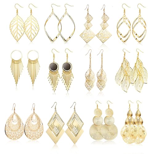 Uwiyo 12 Paar Gold Tropfen Ohrringe für Damen Mädchen, Boho Tropfen Hängende Ohrhänger Set Wasser Wassertropfen Blatt Diamant Quaste Ohrringe Schmuck für Geschenk von Uwiyo