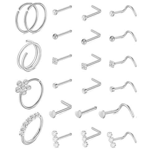 Uwiyo 23 Stück Nasenpiercing, 20G 316L Edelstahl Silber Gold Nasenstecker Nasenring L/Screw/Straight-Form Nasenpiercing mit Zirconia Nase Nostril Piercing Stecker für Frauen Männer(Silber) von Uwiyo