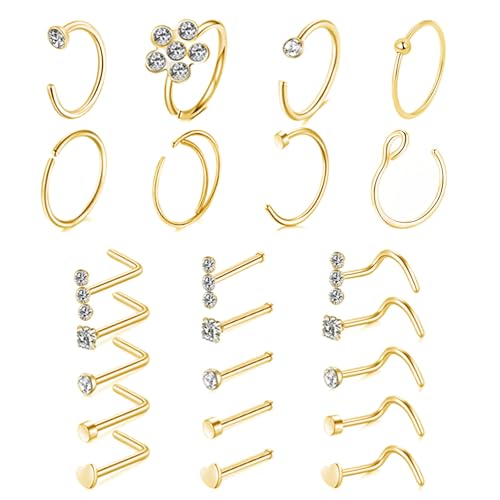 Uwiyo 23 Stück Nasenpiercing, 20G 316L Edelstahl Silber Gold Nasenstecker Nasenring L/Screw/Straight-Form Nasenpiercing mit Zirconia Nase Nostril Piercing Stecker für Frauen Männer (Gold Set 2) von Uwiyo