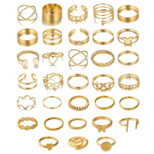 Uwiyo 33 Stück Gold Ringe Set - Vintage Finger Ring Schlange Schmetterling Herz Twist Offene Knoten Stapelbare Knuckle für Frauen Mädchen von Uwiyo