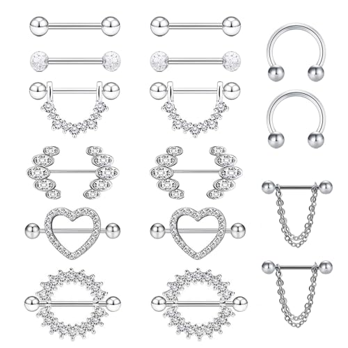 Uwiyo 8 Paar 14G Nippelpiercing für Damen 316L Edelstahl Nippel Piercing Brustwarzenpiercing Zungenpiercing Herz Hufeisen Kette CZ Barbell Piercing Körperschmuck, Silber von Uwiyo