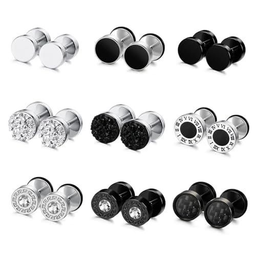 Uwiyo 9 Paar Ohrringe Männer, Edelstahl Ohrringe Herren 8mm Fake Plugs Ohrring Silber Schwarz Ohrstecker Ohr Piercing Ohrschmuck für Herren Jungen (Set 1-Silber+Schwarz) von Uwiyo