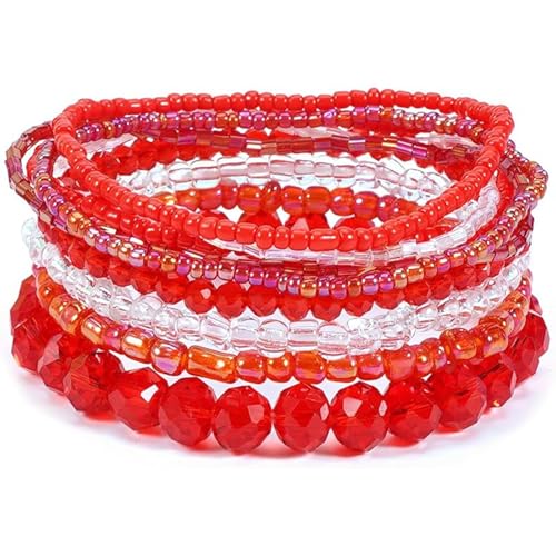 Uwiyo Damen Kristall Perlen Armband, Boho Mehrschichtiges Steine Armbänder Bohemian Kristall Perlen Armband Modeschmuck für Damen Mädchen Freundin (Rot#2) von Uwiyo