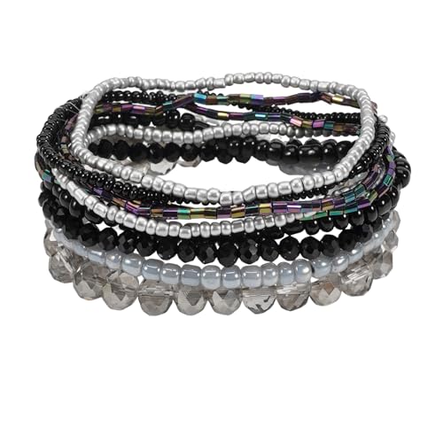 Uwiyo Damen Kristall Perlen Armband, Boho Mehrschichtiges Steine Armbänder Bohemian Kristall Perlen Armband Modeschmuck für Damen Mädchen Freundin (Schwarz#1) von Uwiyo