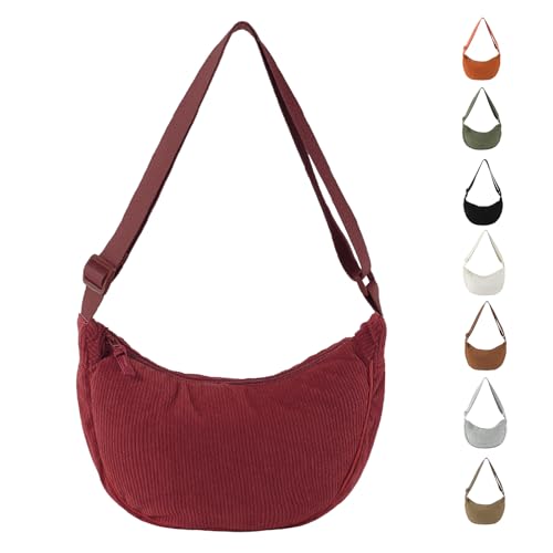 Uwiyo Halbmond Tasche Damen Cord Crossbody Moon Bag Hobo Halfmoon Bag Halbmond Umhängetasche Dumpling Schultertasche mit verstellbarem Gurt für Damen Mädchen (Burgund) von Uwiyo