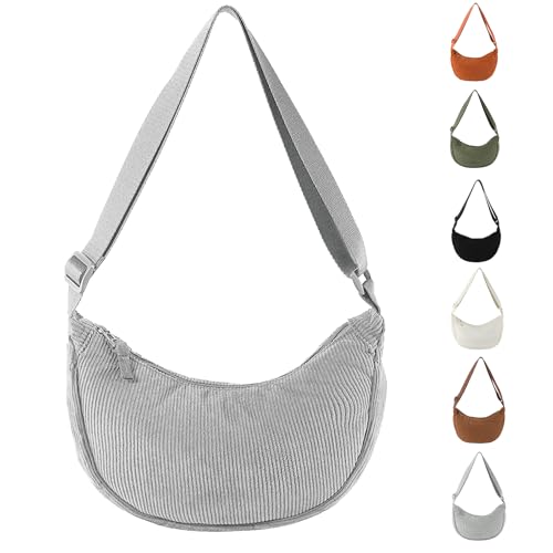 Uwiyo Halbmond Tasche Damen Cord Crossbody Moon Bag Hobo Halfmoon Bag Halbmond Umhängetasche Dumpling Schultertasche mit verstellbarem Gurt für Damen Mädchen (Grau) von Uwiyo