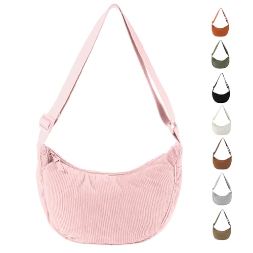 Uwiyo Halbmond Tasche Damen Cord Crossbody Moon Bag Hobo Halfmoon Bag Halbmond Umhängetasche Dumpling Schultertasche mit verstellbarem Gurt für Damen Mädchen (Rosa) von Uwiyo
