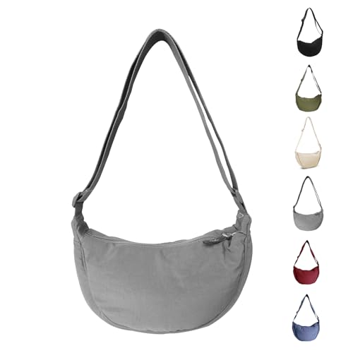 Uwiyo Halbmond Tasche Damen Nylon Crossbody Moon Bag Hobo Halfmoon Bag Halbmond Umhängetasche Dumpling Schultertasche mit verstellbarem Gurt für Damen Mädchen (Grau) von Uwiyo