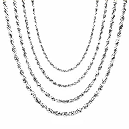 Uwiyo Herren Silberkette, 2/3/4mm breit Verdrehte Kette Edelstahl Kordelkette Rope Kette Halskette für Herren Damen, 46/51//56/61cm Länge (Silber-2mm, 46) von Uwiyo