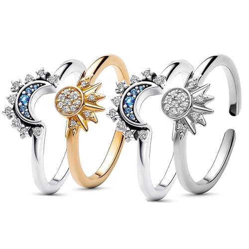 Uwiyo Sonne Mond Ringe Set, Verstellbar Gold Silber Frauen Ringe, Matching Freundschaftsringe, Damenring Dupes Schmuck Geschenk für Frauen (2 Paare Gold+Silber) von Uwiyo