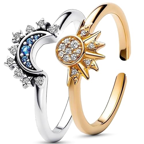 Uwiyo Sonne Mond Ring Set, Verstellbar Gold Silber Frauen Ringe, Matching Freundschaftsringe, Damenring Dupes Schmuck Geschenk für Frauen (Gold Sun + Silber Moon) von Uwiyo