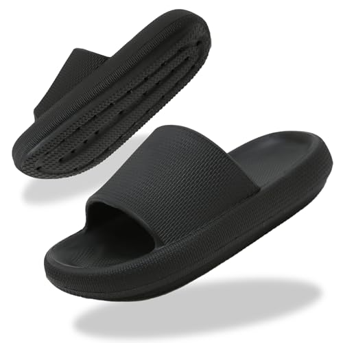 Uwowd Cozislides Kinder Badeschuhe Mädchen Jungen Badelatschen Weiche Eva Wolkenschuhe Cloudyzz Schlappen rutschfest Schnelltrocknende Badeschlappen Dicke Sohle Hausschuhe Sommer Strand Schwarz 32/33 von Uwowd