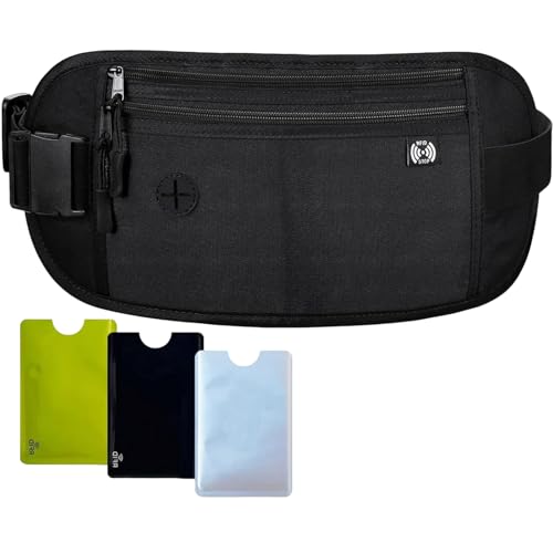 Reisepass-Geldgürtel, Taillengürtel mit verstellbarem Gummiband, Taillen-Geldtasche mit 3 RFID-Kartenschutzhüllen, RFID-blockierende Brieftasche für Reisepass, Bargeld, Handy, Schwarz , Geldgürtel von UxClishe