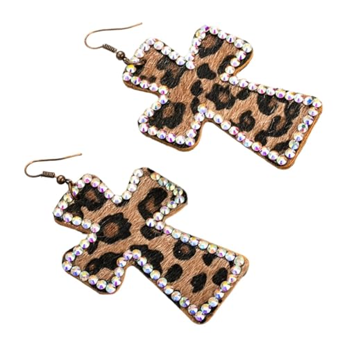UxicRuya 2 Stück Leopard Print Ohrringe Kreuz Anhänger Tropfen Leichtgewicht Kunstleder Vintage Stil Schmuck Accessoire für Damen Geschenk Geburtstag Alltag, Braun von UxicRuya