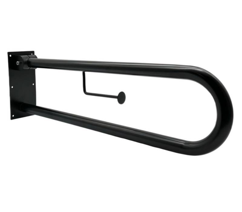 Uzman Haltegriff Stützklappgriff WC mit Toilettenpapierhalter in Schwarz 150KG max., Oval, Klappbar, Mit Toillettenpapierhalterung von Uzman