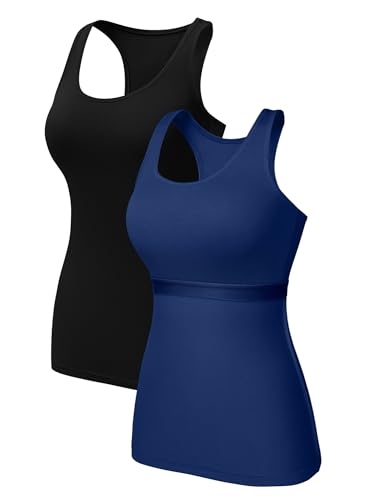 V FOR CITY Damen Baumwolle Tank Tops mit Ablage BH Racerback Workout Tops Camisole Weste 2er Pack, Schwarz und Marineblau, X-Large von V FOR CITY