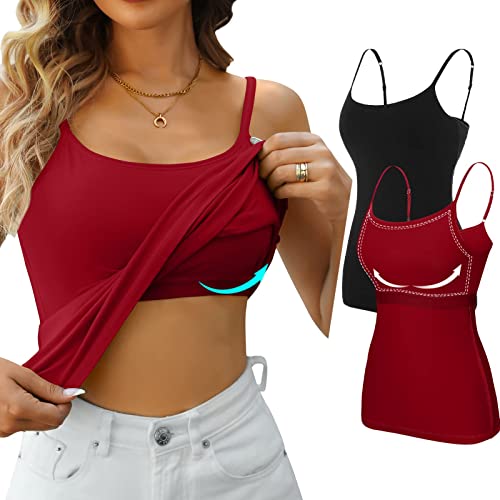 V FOR CITY Damen Baumwolle Tank Tops mit Ablage BH Verstellbarer Träger Camisole Unterhemden 2 Stück, Schwarz/Rot, XXL von V FOR CITY