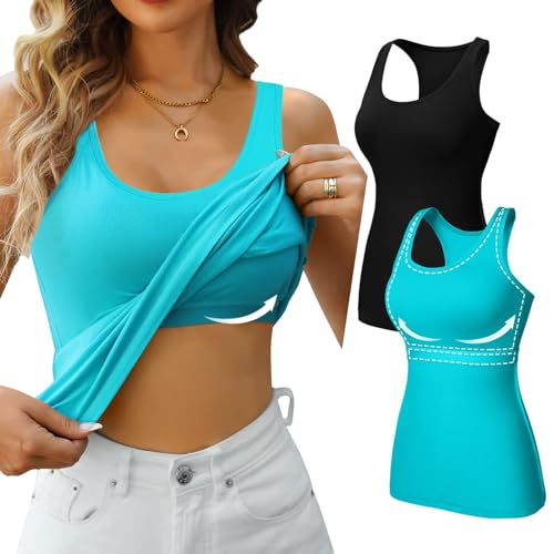 V FOR CITY Damen Baumwolle Tank Tops mit Regal BH Racerback Workout Tops Camisole Weste 2 Stück, Schwarz + Aquamarin, Small von V FOR CITY