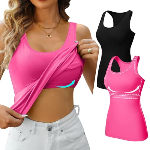 V FOR CITY Damen Baumwolle Tank Tops mit Regal BH Racerback Workout Tops Camisole Weste 2 Stück, Schwarz + Pink, Large von V FOR CITY