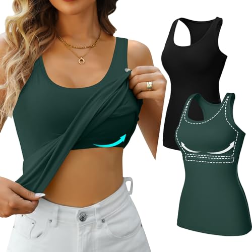 V FOR CITY Damen Baumwolle Tank Tops mit Regal BH Racerback Workout Tops Camisole Weste 2 Stück, Weiß + Dunkelgrün, Large von V FOR CITY