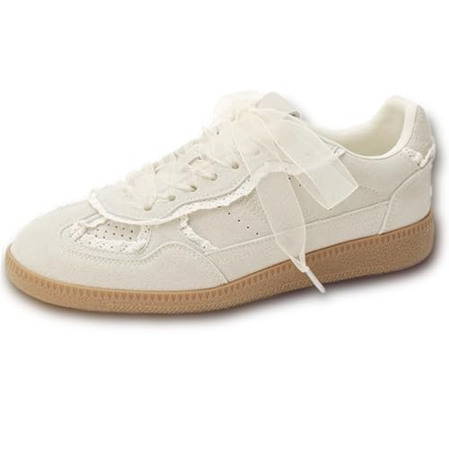 V OPXIN Lässige Damen-Sneaker mit Spitze, elegante Schnürung, modisch, Ballett, PU-Leder, Sneaker, trendig, lässig, Wanderschuhe für Damen, Beige, 8.5 von V OPXIN