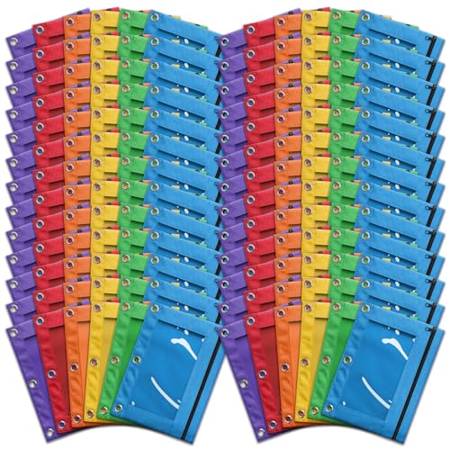V-Opitos Federmäppchen für 3-Ring-Ordner, Großpackung, 3-Loch-Reißverschluss in verschiedenen Farben, robuster und langlebiger Stoff-Stifthalter mit transparentem Fenster für Büro, Schule, Uni, 144 von V-Opitos