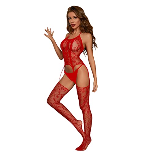 Sexy Bodystocking Catsuit Body Dessous Reizwäsche aus Netz Schwarze Netzstrümpfe unterwäsche Ouvert Netz Negligees Lingeriedamen erotik set (Einheitsgröße fit all, Rot) von V-Ting