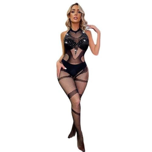 V-TiNG Catsuit Bodystockings ouvert Sexy Frauen Fischnetz Open Crotch Mesh Strumpfhose Dessous Erotic Bodysuit Nachtwäsche Jumpsuit mit Strass Damen set von V-Ting