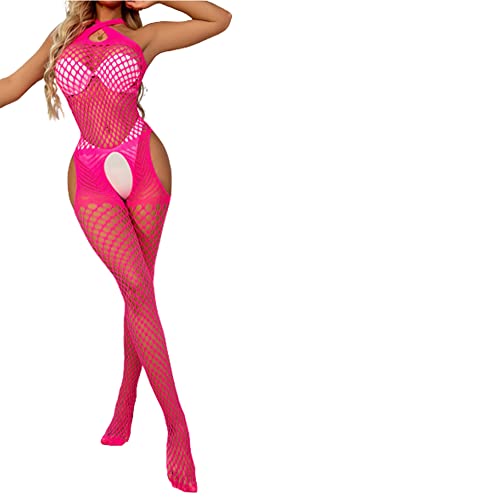 V-TiNG Sexy Dessous für Damen Nahtlose Mesh Chemise Dessous Bodystocking Baby Doll Minikleid Sexy Kleid Fishnet Negligees Lingerie Nachtkleid Sleepwear Im Schritt offen PINK von V-Ting