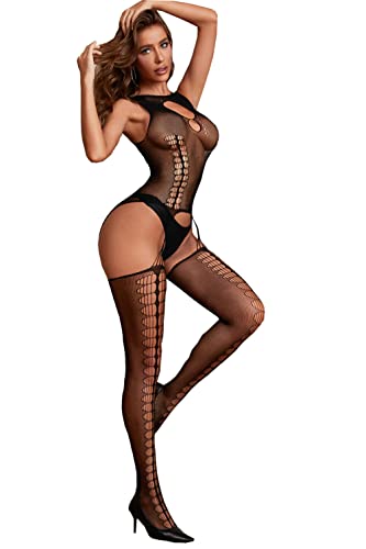 Sexy Bodystocking Catsuit Body Dessous Reizwäsche aus Netz Schwarze Netzstrümpfe unterwäsche Ouvert Netz Negligees Lingeriedamen erotik set (Einheitsgröße fit all, schwarz Verband) von V-Ting