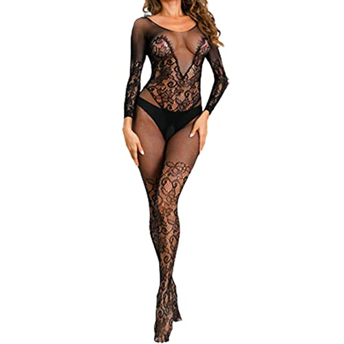 Sexy unterwäsche dessous damen erotik set Netz durchsichtiges Bodystocking bodysuit catsuit Nachtwäsche (Schwarz V, S/M/L) von V-Ting