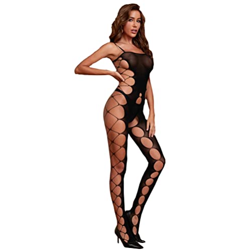 V-Ting Sexy dessous Grobnetz-Bodystocking - Damen - Rückenfrei - Catsuit Ouvert Schwarz S M L Onesize Erotische unterwäsche Nachtwäsche set mit Loch (schwarz) von V-Ting