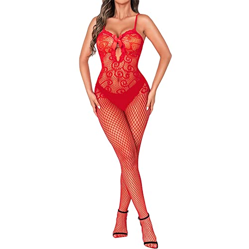 V-Ting Sexy unterwäsche dessous damen erotik set Netz durchsichtiges Bodystocking bodysuit catsuit Nachtwäsche (Rot Weihnachten, S/M/L) von V-Ting