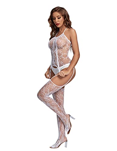 V-TiNG Sexy unterwäsche dessous damen erotik set Netz durchsichtiges Bodystocking bodysuit catsuit Nachtwäsche (Weiss Gitter, S/M/L) von V-Ting