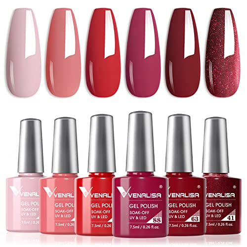 VENALISA Gel Nagellack Set 6 Farben UV Nagellack Natur Rot Rose Lila Dunkelrot Glitzer Gel Nail Polish für Nägel DIY Nail Art Maniküre Salon Nagel Gelnägel Set mit Geschenkbox Maniküre Set von V VENALISA