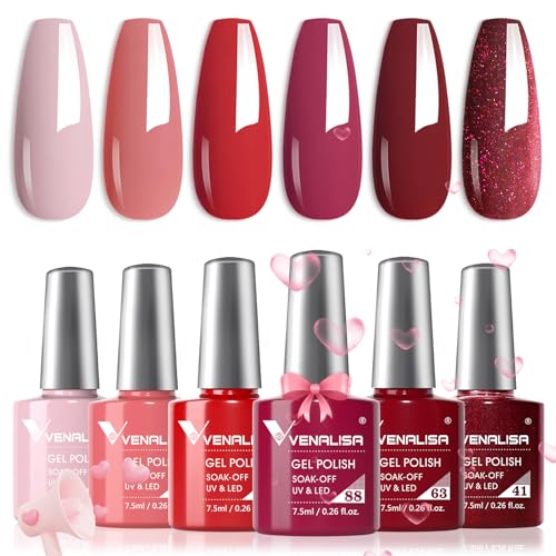 VENALISA Gel Nagellack Set 6 Farben UV Nagellack Natur Rot Rose Lila Dunkelrot Glitzer Gel Nail Polish für Nägel DIY Nail Art Maniküre Salon Nagel Gelnägel Set mit Geschenkbox Maniküre Set von V VENALISA