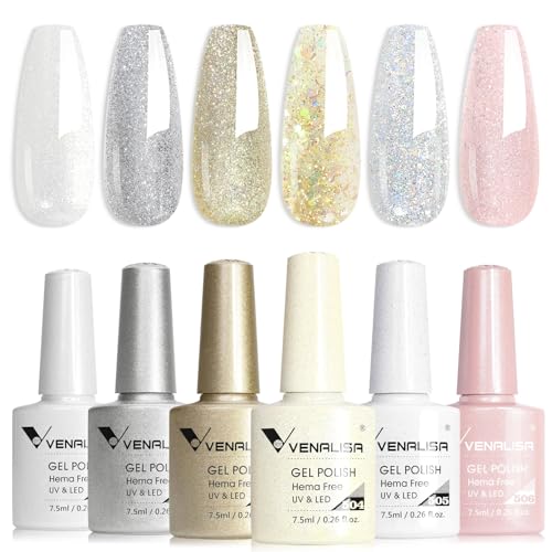 VENALISA UV Gel Nagellack 6 Farben Glitzer Weiß gold Silber Rosa Gel Nagellack Set Gel Nail Polish für Nägel DIY Nail Art Maniküre Salon Nagel Gelnägel Set mit Geschenkbox Maniküre Set von V VENALISA