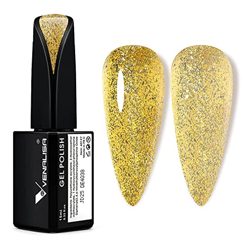 VENALISA UV Nagellack Glitzergold 15ml Gel Nagellack anfänger für UV Nagellampe Langlebige Maniküre Nagelgellack Soak Off Nail Gel Polish Schellack Gold von V VENALISA