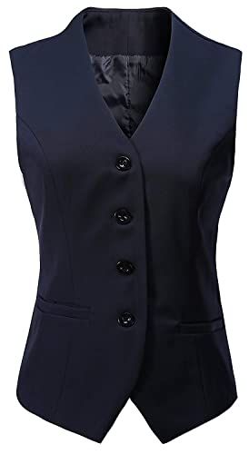 V VOCNI Damen-Anzug, komplett gefüttert, mit 4 Knöpfen, V-Ausschnitt, eleganter Anzug, Weste, marineblau, 46 von V VOCNI