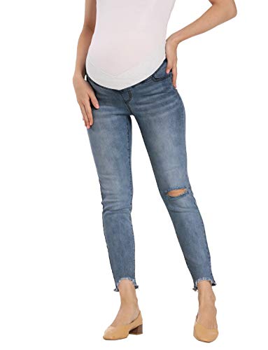 V VOCNI Umstandsjeans Skinny Distressed Denim Stretch Slim Jeggings Unterbauch Schwangerschaft Hose Gr. L, dunkelblau von V VOCNI