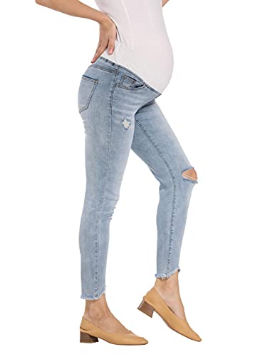 V VOCNI Umstandsjeans Skinny Distressed Denim Stretch Slim Jeggings Unterbauch Schwangerschaft Hose Gr. S, hellblau von V VOCNI