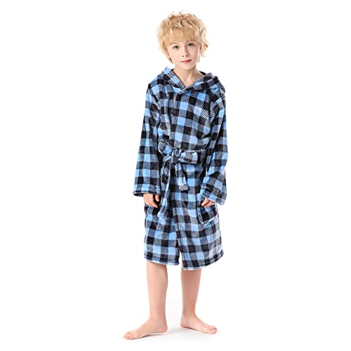 V.&GRIN Jungen-Fleece-Bademantel, weicher Fuzzy-Bademantel für Kleinkinder mit Kapuze für Kinder von 3–14 Jahren (blau kariert 9–10 von V.&GRIN